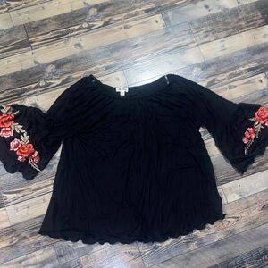 Floral Embroidered Black Blouse